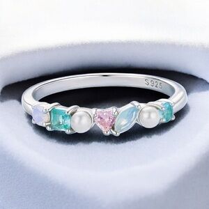 Rainbow Gemstone S925 Silver Ring with Symmetrical Design. New.